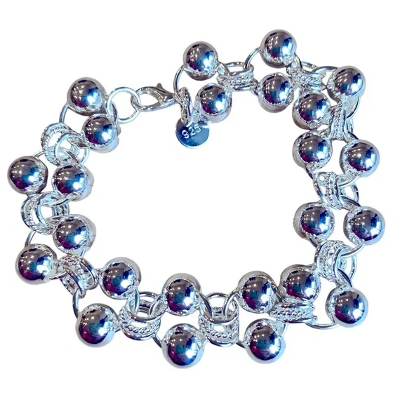 925 STERLING Stamped 8 mm Silver Round Beads Dainty Links Bracelet - Picture 6 of 9